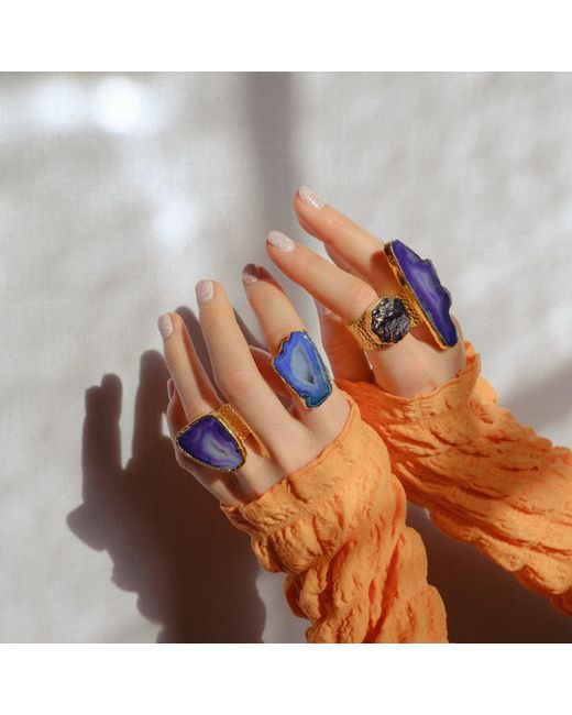 YAA YAA LONDON Cobalt Blue Mega Gemstone Gold Adjustable Ring