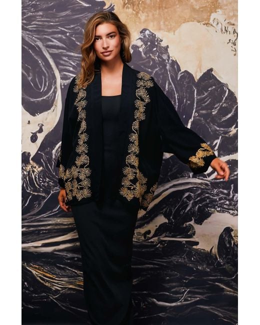 Artemis Muse Black Japanese Pine Needle Embroidered & Fully Lined Short Kimono