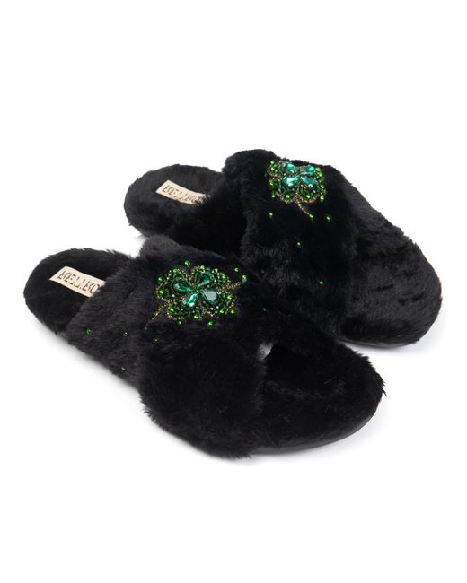 Rettrose Black Emma Luxury Plush Diamanté Embellished Handmade Slipper