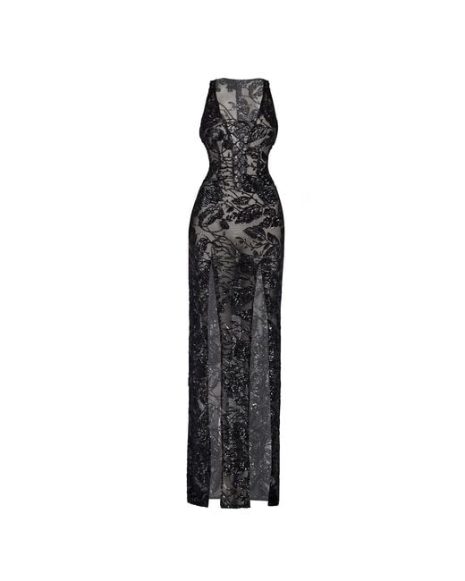 Moda Glam Black Vixen Lace-Up Sheer Sequin Gown