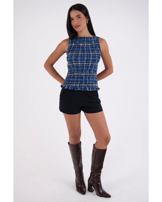 Amy Lynn Blue Sonya Pure Cotton Plaid Smocked Top
