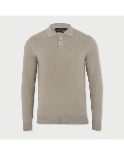 Paul James Knitwear Gray Neutrals Lightweight Cotton Hall Long Sleeve Knitted Polo Shirt for men