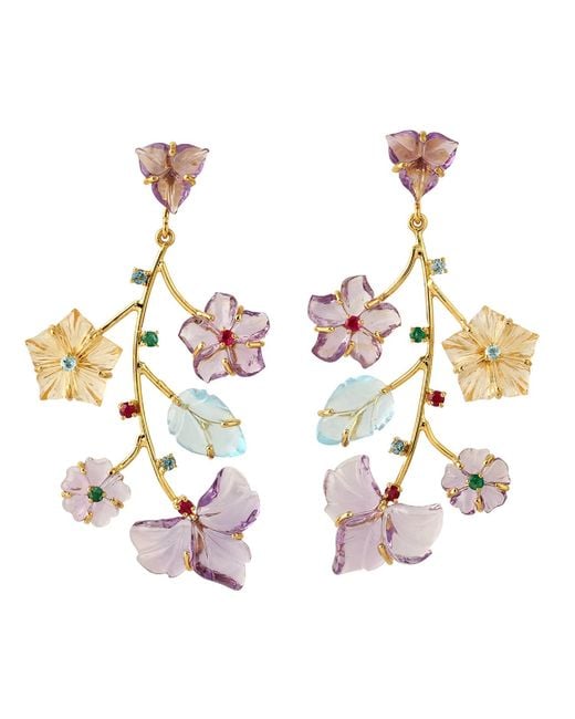 Artisan Pink 18K Multi Gemstone Carved Floral Drop Earrings