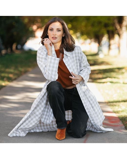 Zenzee Gray Neutrals Cotton Linen Gingham Shirt Dress Natural