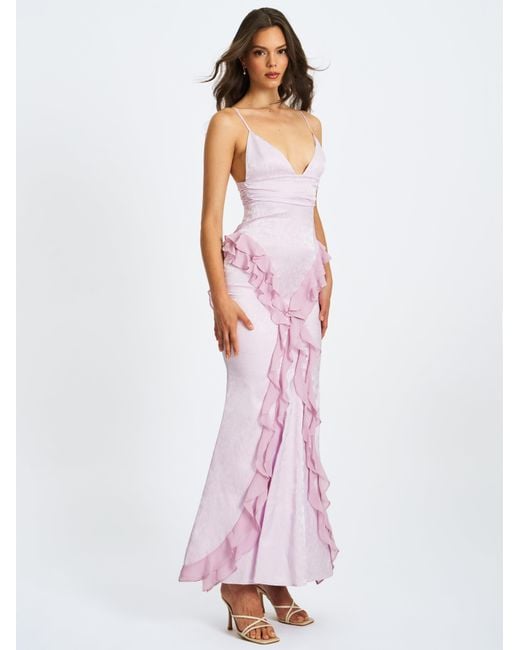 Miss Circle New York Purple Paolina Taro Jacquard Ruffle Mermaid Maxi Dress