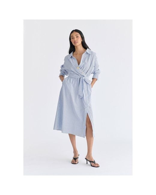 Paisie Blue Wrap Midi Shirt Dress With Metallic Button Details