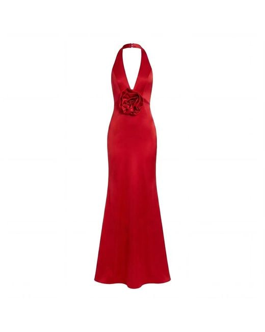 Mac Duggal Red Satin Sleeveless Halter Neck Gown With Flower