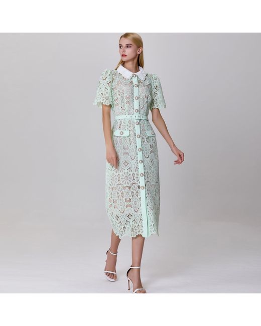 Smart and Joy White Neutrals Sheer Full Lace Button Line Dress