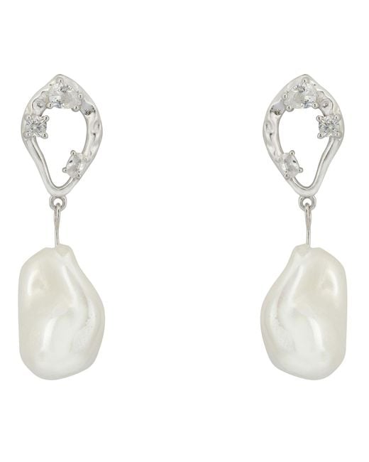 Latelita London White Midsummer Baroque Pearl Drop Earrings Silver