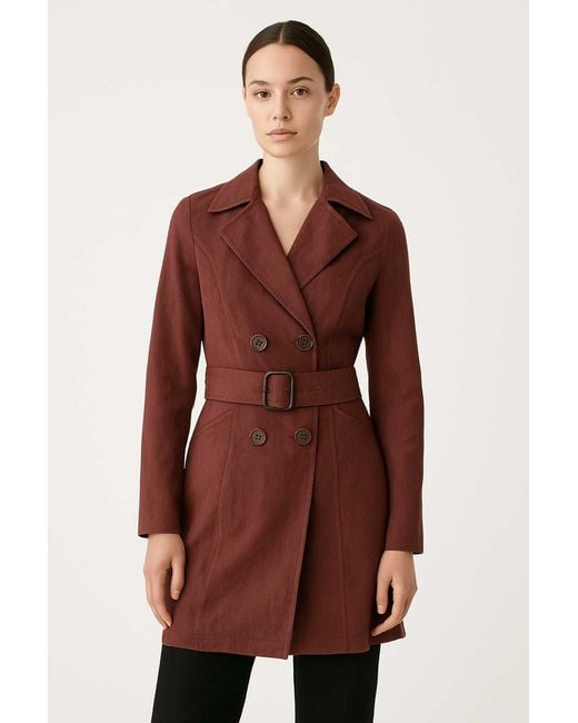 Conquista Red Double-Breasted Belted Trench Jacket