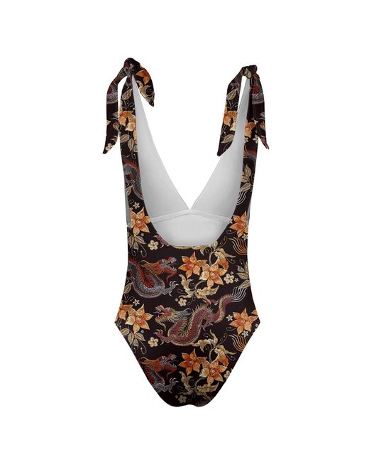 Golden Chinese Dragon Floral Print One Piece Swimsuite
