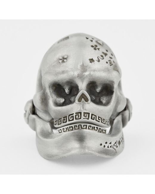 Snake Bones Metallic Skull Ring With Hinged Jaw In Sterling Silver for men