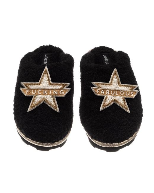 Laines London Black Teddy Closed Toe Slippers With Fucking Fabulous Brooches