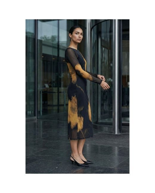 Modenaire Black Sheer Mesh Midi Dress With Abstract Print And Layered Slip
