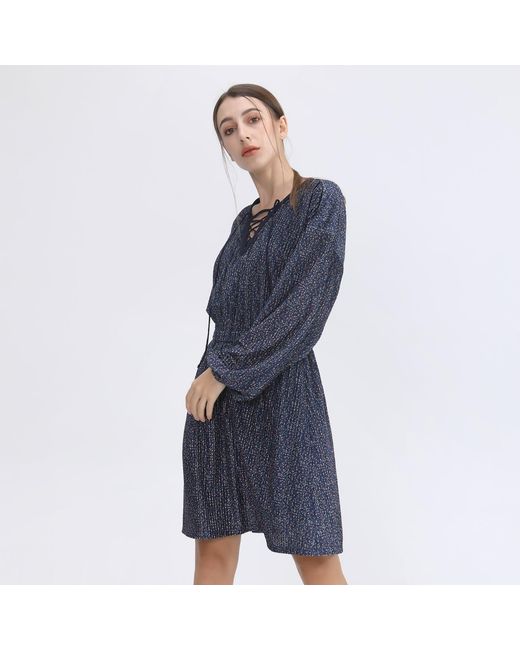 Smart and Joy Blue Lacing On V-Neck Velvet Tunic Dress With Liberty Print