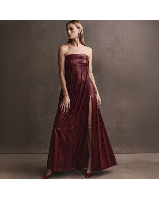 Kargede Purple Pleated Burgundy Leather Maxi Dress – Strapless Designer Evening Gown