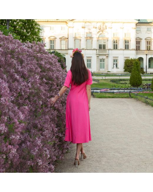 Oh!Zuza Pink Echo Viscose Midi Dress Short Sleeve With Pockets