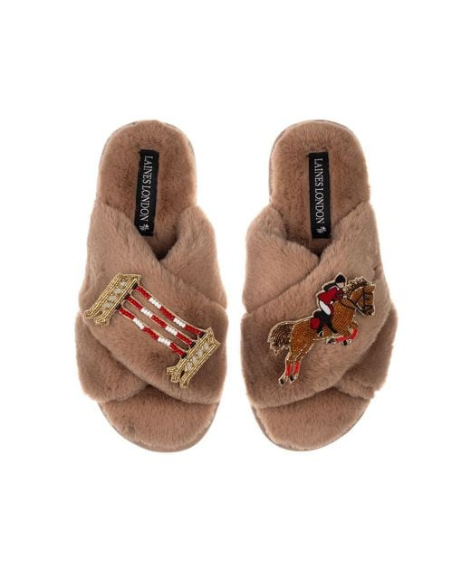 Laines London Brown Neutrals Classic Laines Slippers With Show Jump Horse Brooches