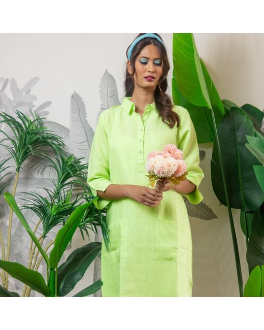 NoLoGo-chic Green Up Town Linen Shirt Dress