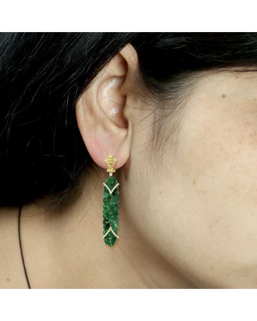 Artisan Green 18K Carved Jade, Ice Diamond And Diamond Drop Earrings