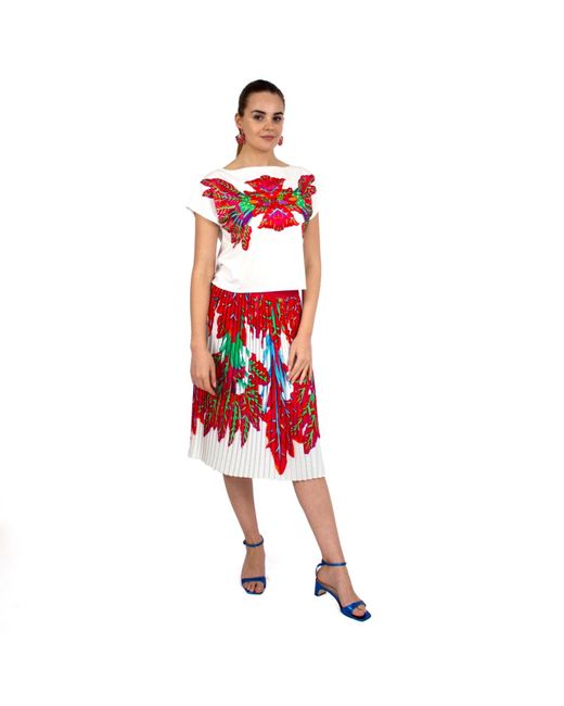 Lalipop Design Pleated White Midi Skirt With Red Leaves Print