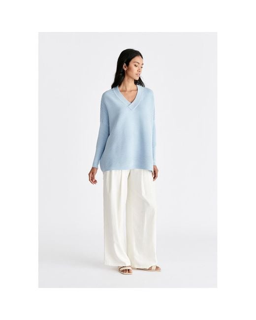 Paisie Blue V-Neck Ribbed Jumper