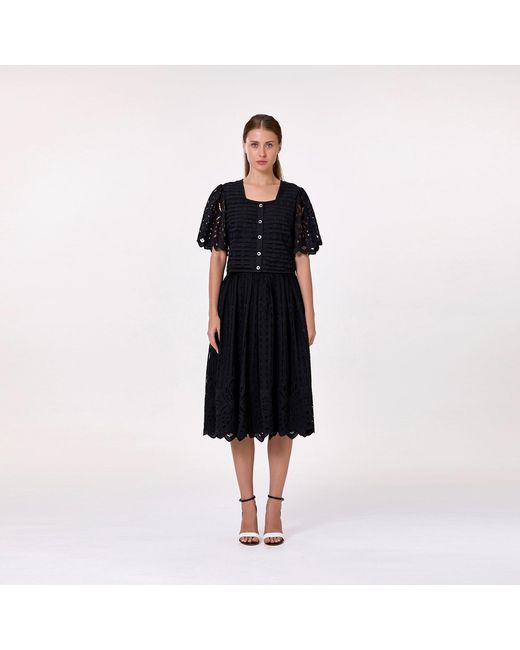 Smart and Joy Black Embroidered Cotton Midi Skirt