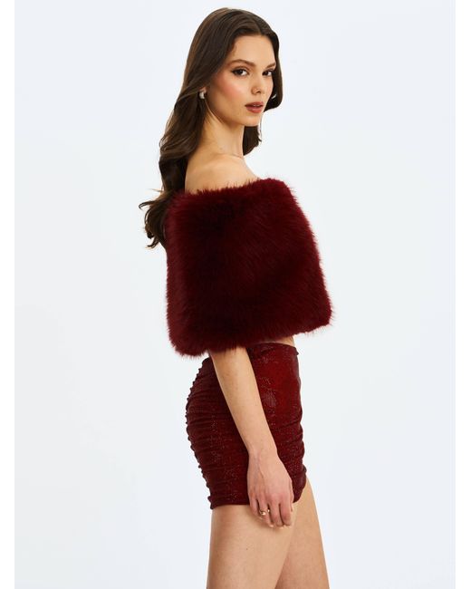 Miss Circle New York Red Darla Burgundy Faux Fur Off-Shoulder Cropped Top