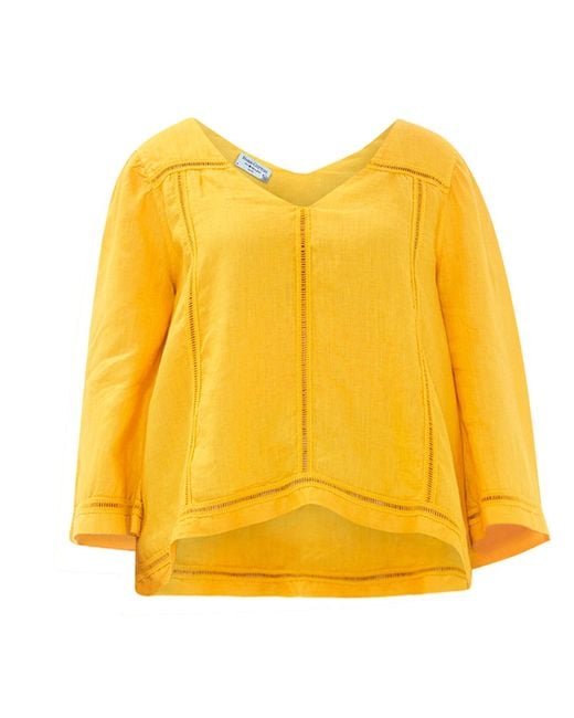 Haris Cotton Yellow Guipure Lace Insert Linen Blouse With V Neck