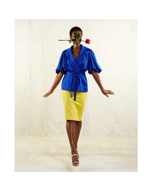 Femponiq Blue Draped Puff Sleeve Belted Blouse