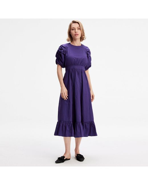 Smart and Joy Purple Trapeze Dress With Puffed Sleeves