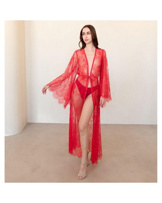KÂfemme Red Sexy Lingerie Peignoir Lace Kimono Robe