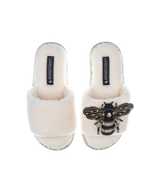 Laines London White Teddy Towelling Slipper Sliders With Black & Gold Bee Brooch