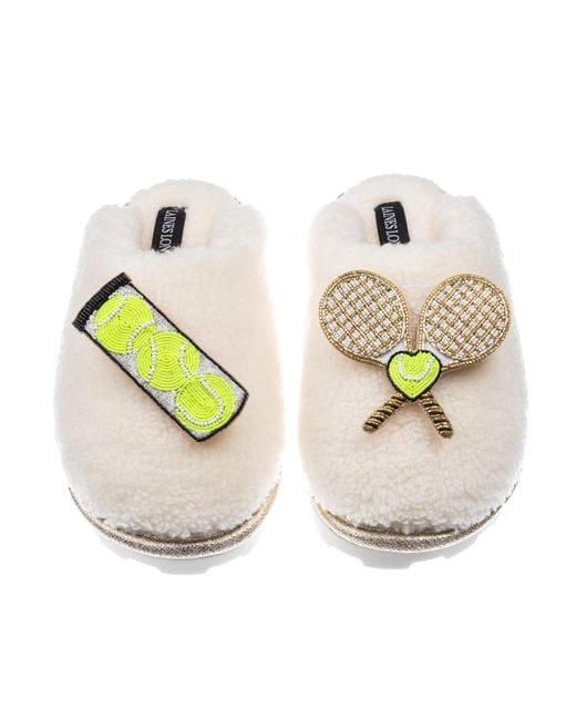 Laines London Metallic Teddy Closed Toe Slippers With Tennis Lover Brooches