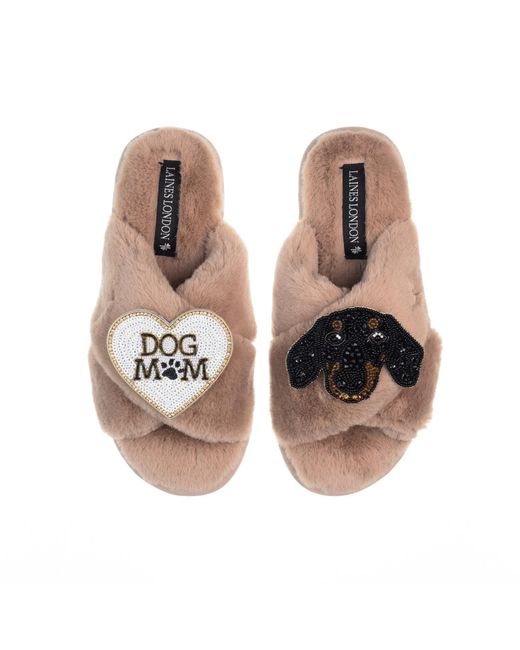 Laines London Brown Classic Laines Slippers With Little Sausage The Dachshund & Dog Mum Mom Brooches
