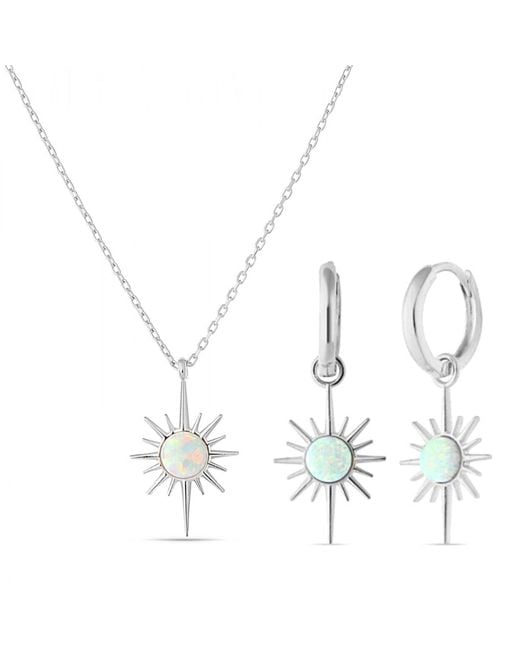 Spero London Metallic Opal Northernstar Drop Hoop Earring & Necklace Sterling Set
