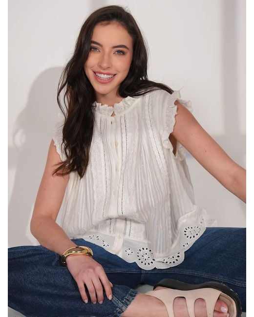Rose & Nancy White Jean Ivory Cotton Lace Trim Pretty Swing Top