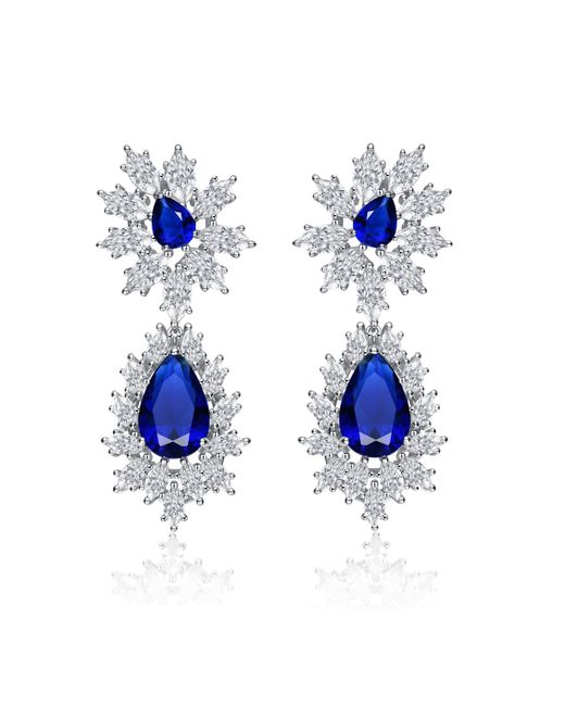 Genevive Jewelry Blue Sterling Silver With White Gold Plated Sapphire Cubic Zirconia Drop Earrings