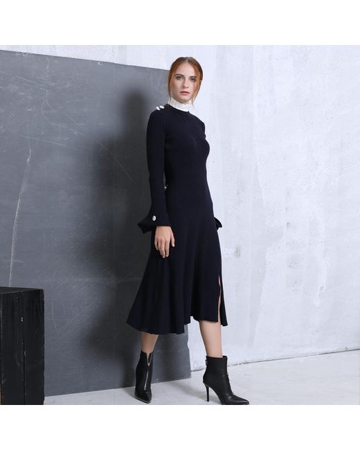 Smart and Joy Black Pleats Collar Preppy Knit Midi Dress