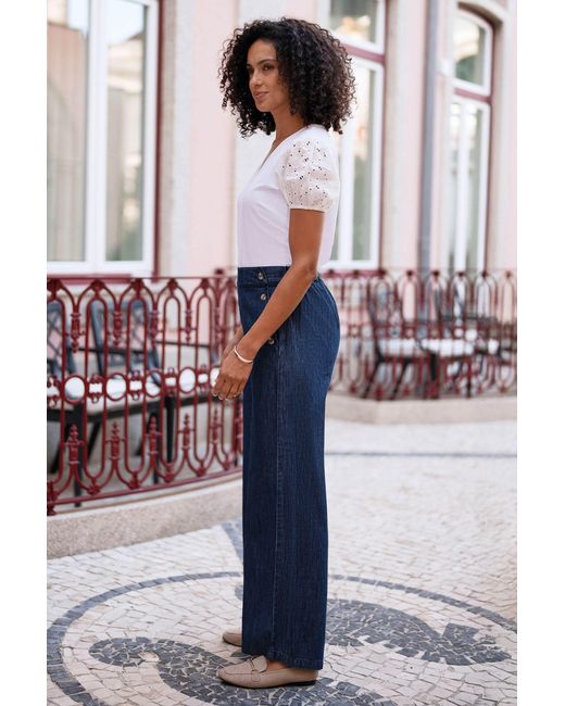 Yumi' Blue Chambray Wide Leg Trousers With Button Details
