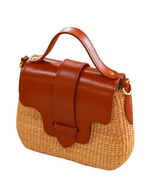 Silk and Bears Brown Handwoven Water Hyacinth Mini Crossbody Bag – Tan Leather Trim