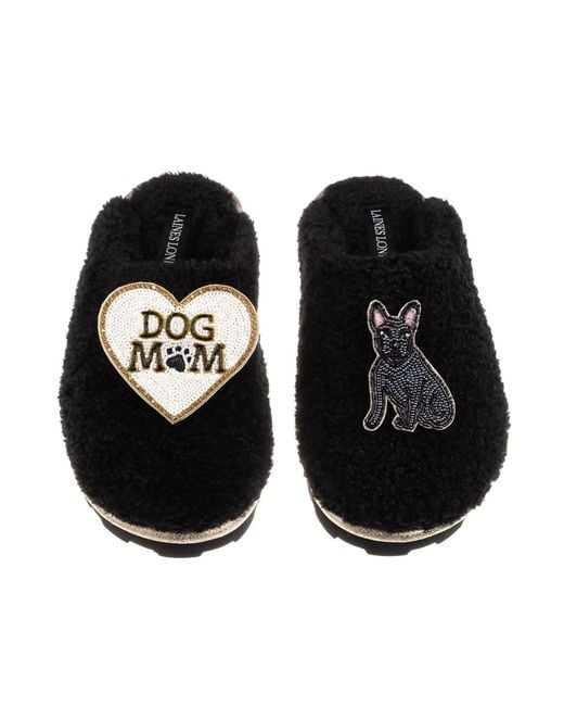 Laines London Black Teddy Closed Toe Slippers With Dog Mum/Mom & Sitting French Bulldog Brooch