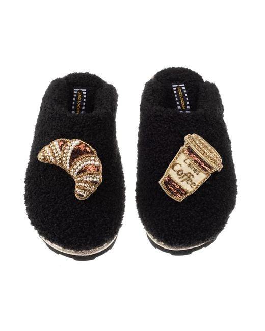 Laines London Black Teddy Towelling Closed Toe Slippers With Coffee & Croissant Brooches