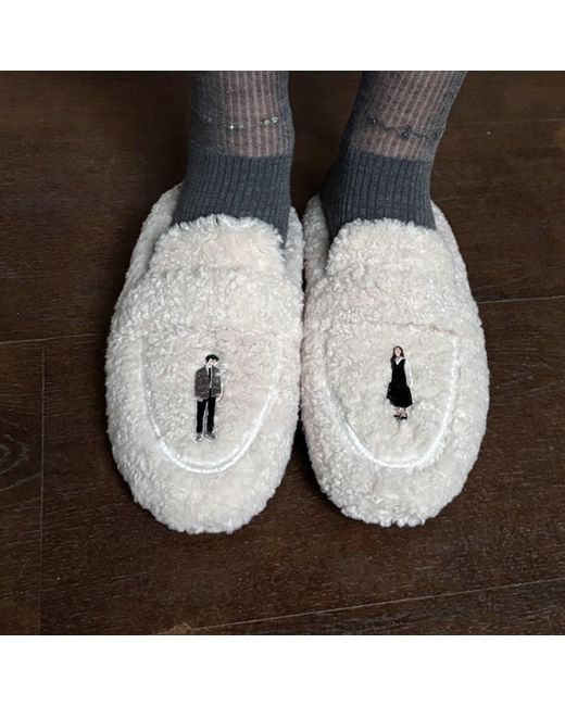 London Atelier Byproduct Blue Neutrals Shearling Mules With Embroidery Patches