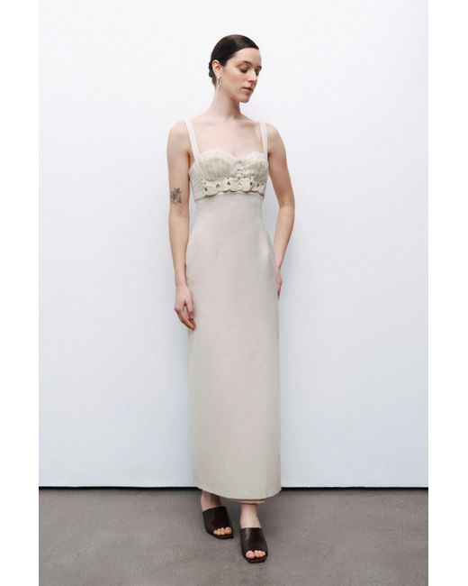 Nocturne White Neutrals Ecru Linen Brode Detailed Sweetheart Maxi Dress