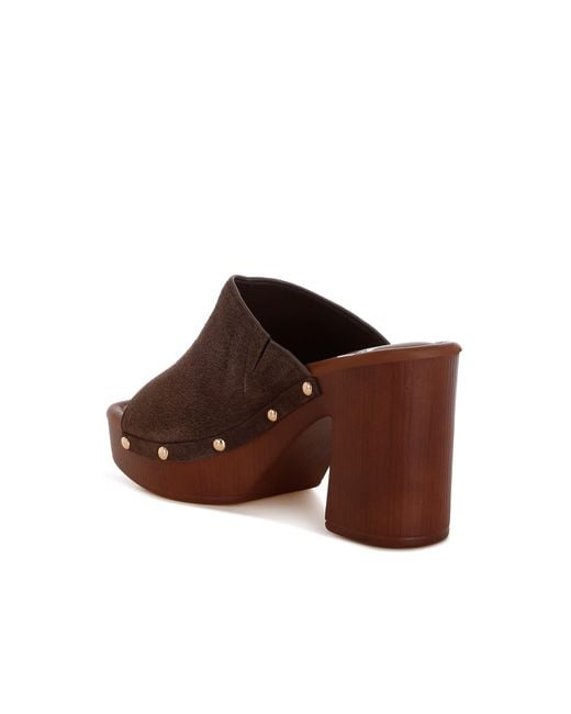 Rag & Co Brown Masaki Soft Suede Leather Wooden Clogs