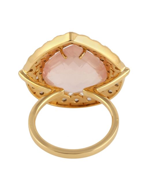 Artisan Metallic Natural Rose Quartz Diamond Cocktail Ring 18k Yellow Gold