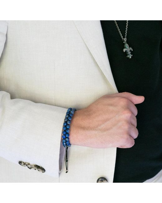 Ebru Jewelry Blue Lapis Lazuli Stone Two Row Beaded Woven Striking Bracelet for men