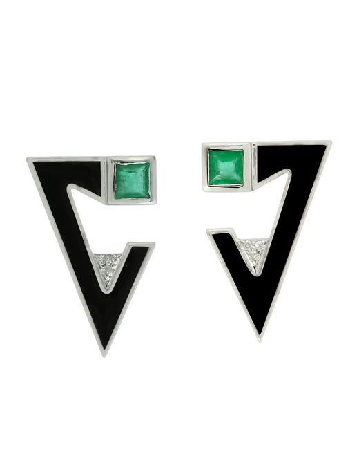 Artisan Green Emerald, Diamond & Enamel Geometric Earrings
