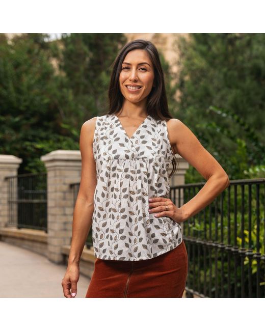 House of Gl Natural Neutrals Nira Cotton Sleeveless V-Neck Blouse With Leaf Print